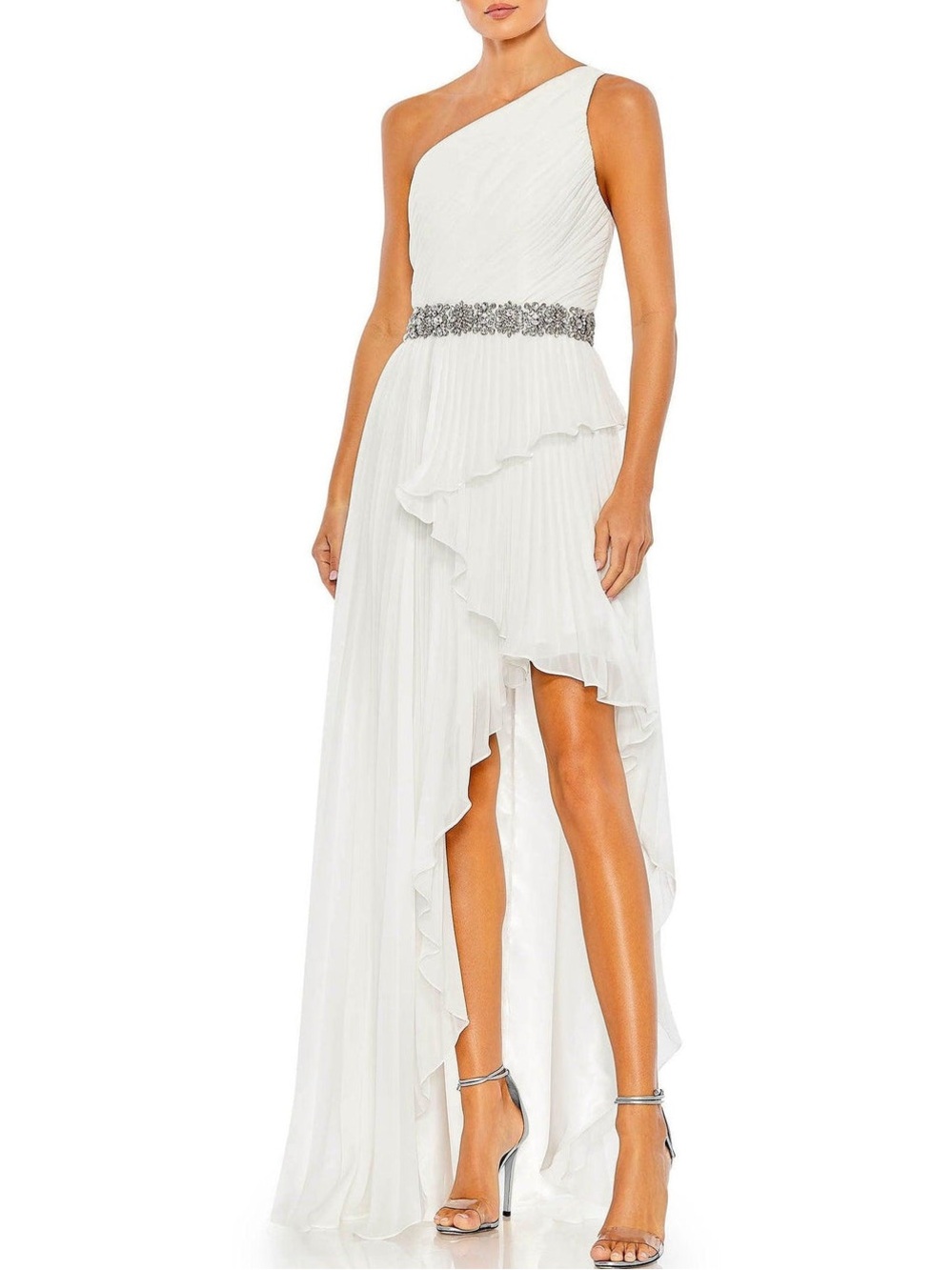One-Shoulder White High-Low Ruffle Dress with Embellished Waist